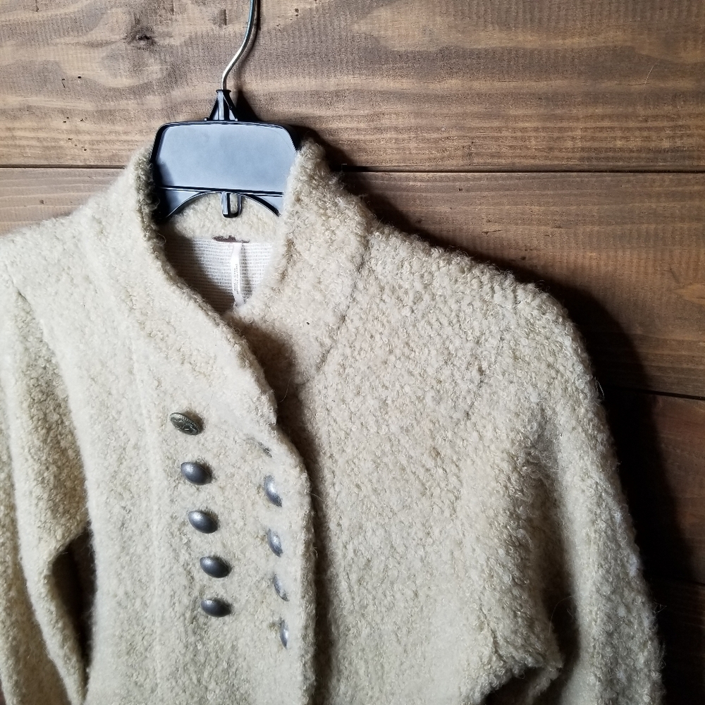 Free People Cornflower Tan Alpaca Wool Military Teddi Sweater Bell Sleeve Size M - Picture 2 of 16